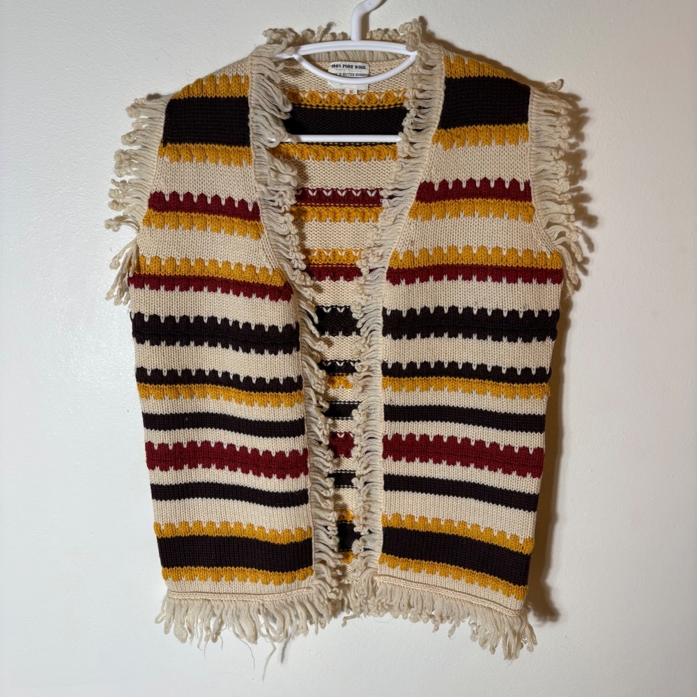 Vintage 100% Pure Wool Striped‎ Fringe Vest British Hong Kong Size Small